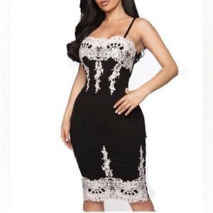 Haute Monde Black Bodycon Mini Dress With White Lace Appliqué